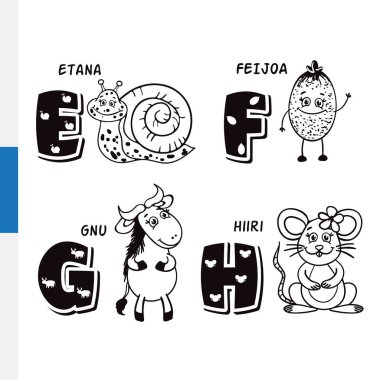 Fin alfabe. Salyangoz, feijoa, antilop, fare. Vektör harf ve karakter.