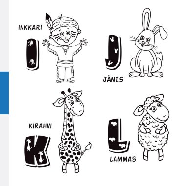 Fin alfabe. Kızılderili, tavşan, zürafa, koyun. Vektör harf ve karakter.