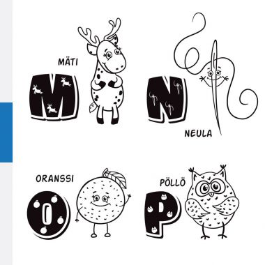 Fin alfabe. Karaca, iğne, Orange, baykuş. Vektör harf ve karakter.