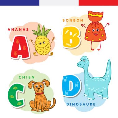 Fransız alfabesi. Ananas, tatlı, köpek, dinozor. Vektör harf ve karakter