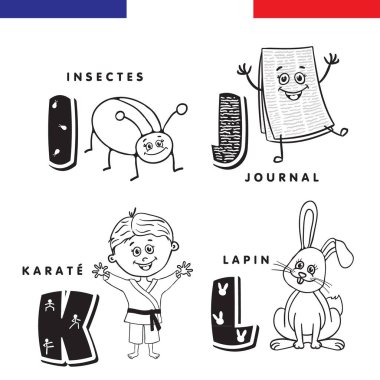 Fransız alfabesi. Böcek, gazete, karate, tavşan. Vektör harf ve karakter.