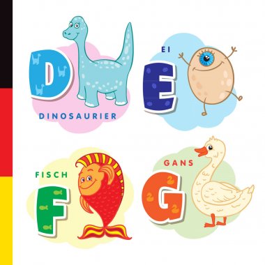 Deutsch alfabe. Dinozor, yumurta, balık, kaz. Vektör harf ve karakter
