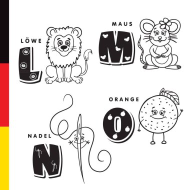 Deutsch alfabe. Aslan, fare, ekran kalemi, portakal. Vektör harf ve karakter