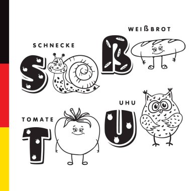 Deutsch alfabe. Salyangoz, beyaz ekmek, domates, baykuş. Vektör harf ve karakter