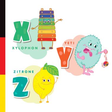 Deutsch alfabe. Ksilofon, Yeti, limon. Vektör harf ve karakter.