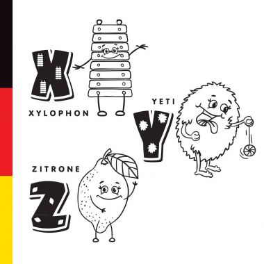 Deutsch alfabe. Ksilofon, Yeti, limon. Vektör harf ve karakter.