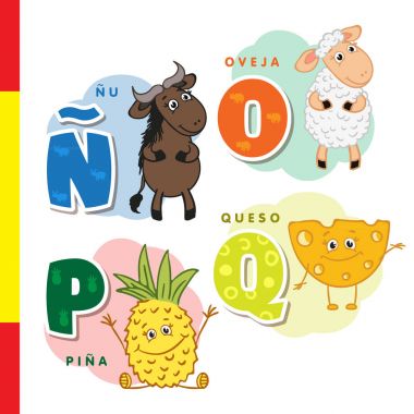 İspanyol alfabe. Manda, koyun, ananas, peynir. Vektör harf ve karakter.