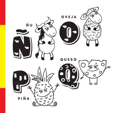 İspanyol alfabe. Manda, koyun, ananas, peynir. Vektör harf ve karakter.