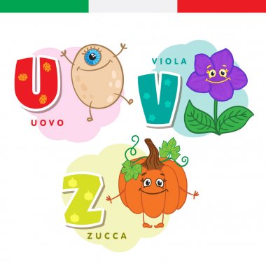 İtalyan alfabesi. Yumurta, Menekşe, balkabağı. Vektör harf ve karakter.