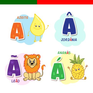 Portekizce alfabe. Zeytinyağı, aslan, ananas. Harf ve karakter.