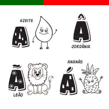 Portekizce alfabe. Zeytinyağı, aslan, ananas. Harf ve karakter.