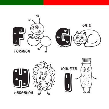 Portekizce alfabe. Karınca, kedi, kirpi, yoğurt. Harf ve karakter.