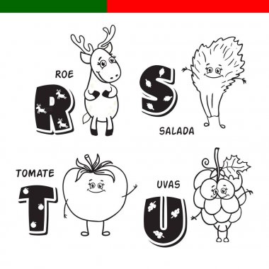 Portekizce alfabe. Karaca, marul, domates, üzüm. Harf ve karakter.