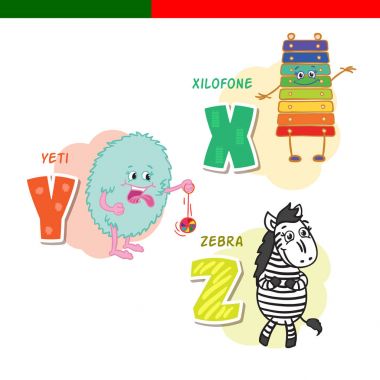 Portekizce alfabe. Ksilofon, Yeti, zebra. Harf ve karakter.