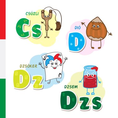 Macar alfabesi. Sapan, ceviz, Joker, Jam vektör harf ve karakter.