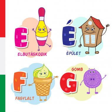 Macar alfabesi. Bina, bowling, dondurma, düğme. Vektör harf ve karakter.