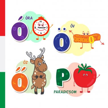 Macar alfabesi. Alarm, kemer, Karaca, domates. Vektör harf ve karakter.