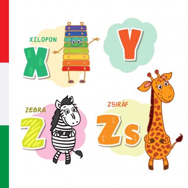 Macar alfabesi. Ksilofon, Zebra, zürafa. Vektör harf ve karakter.