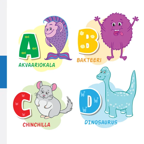 Alfabeto finlandés. Acuario de peces, bacterias, chinchilla, dinosaurios. Letras y caracteres vectoriales . — Vector de stock