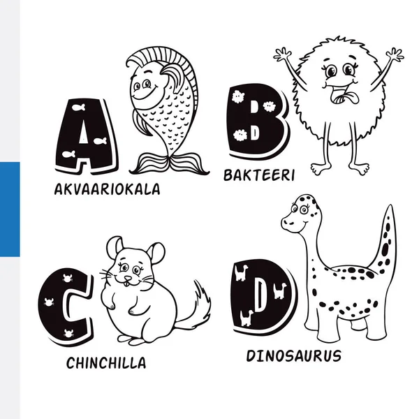 Fin alfabe. Akvaryum balık, bakteri, chinchilla, dinozor. Vektör harf ve karakter.