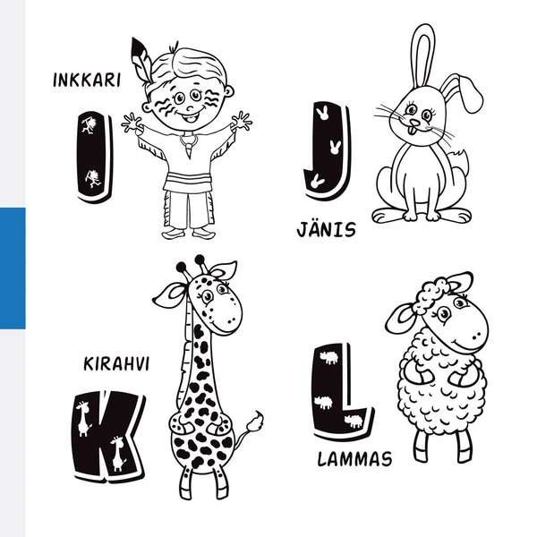 Fin alfabe. Kızılderili, tavşan, zürafa, koyun. Vektör harf ve karakter.