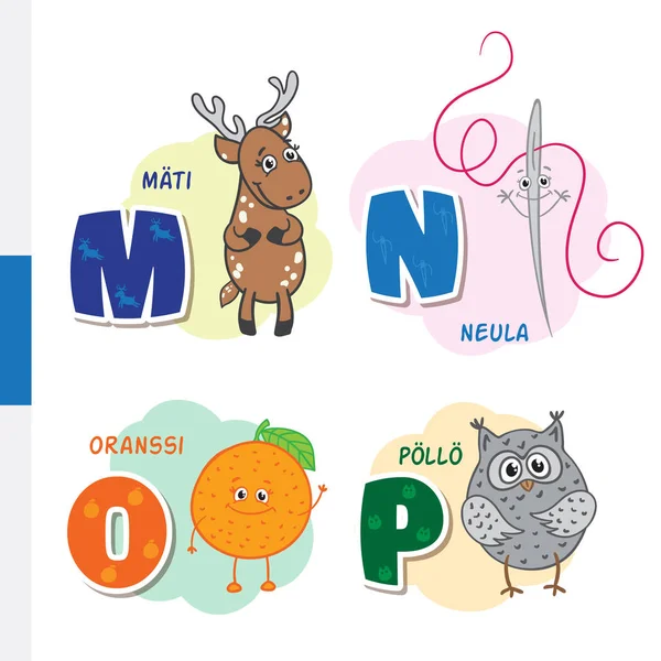 芬兰字母表。鱼子, 针, 橙, 猫头鹰。矢量字母和字符. — 图库矢量图片