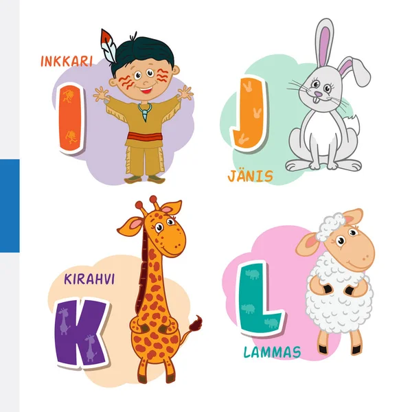Finse alfabet. Native American, konijn, Giraffe, schapen. Vector letters en tekens. — Stockvector
