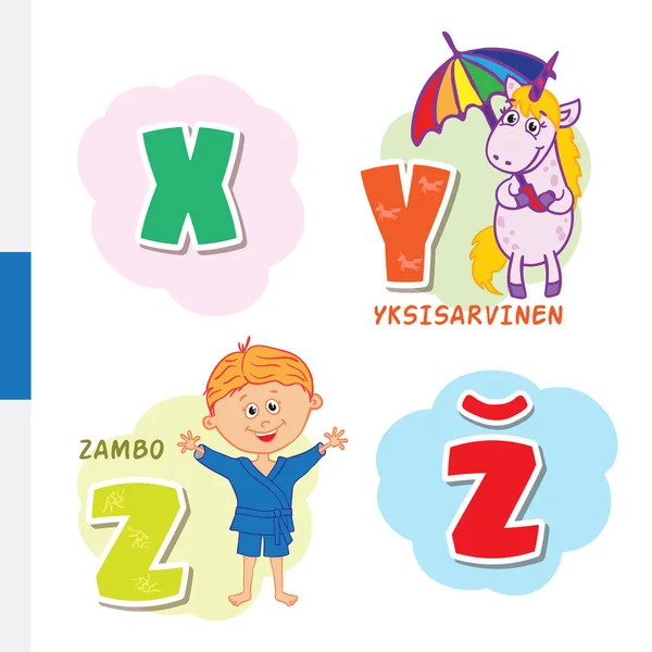 Finnish alphabet. Unicorn, Sambo. Vector letters and characters. — Stock Vector