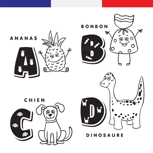 Fransız alfabesi. Ananas, tatlı, köpek, dinozor. Vektör harf ve karakter