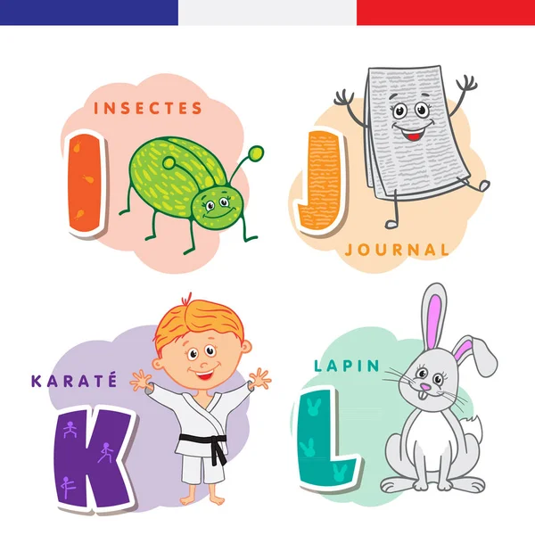 法语字母。昆虫, 报纸, 空手道, 兔子。矢量字母和字符. — 图库矢量图片