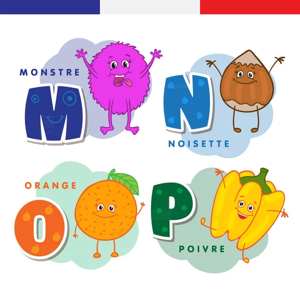 French alphabet. Monster, hazelnuts, orange, pepper. Vector letters and characters. — Stock Vector