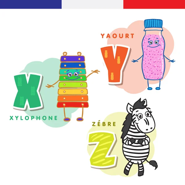 Franska alfabetet. Xylofon, yoghurt, zebra. Vector bokstäver och tecken — Stock vektor