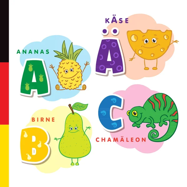 Alphabet allemand. Ananas, fromage, poire, caméléon. Lettres et caractères vectoriels — Image vectorielle