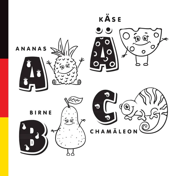 Deutsch alfabe. Ananas, peynir, armut, bukalemun. Vektör harf ve karakter
