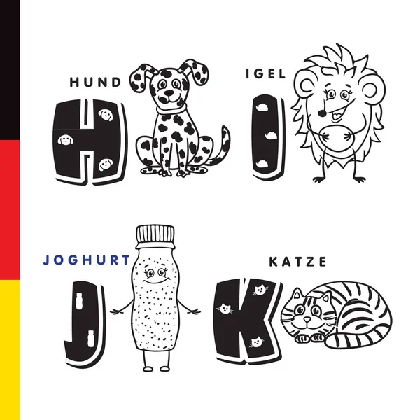 Alphabet allemand. Chien, hérisson, yaourt, chat. Lettres et caractères vectoriels — Image vectorielle