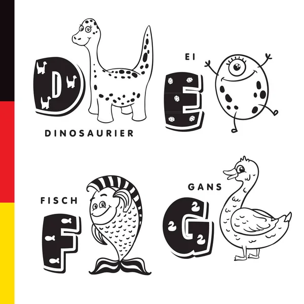 Alphabet allemand. Dinosaure, œuf, poisson, oie. Lettres et caractères vectoriels — Image vectorielle