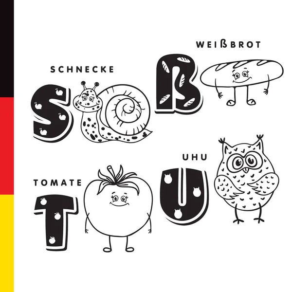Deutsch alfabe. Salyangoz, beyaz ekmek, domates, baykuş. Vektör harf ve karakter
