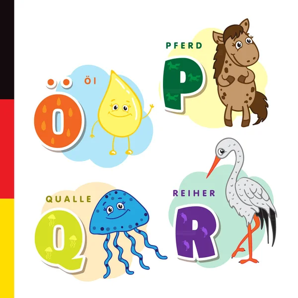 Alphabet allemand. Huile d'olive, cheval, méduses, héron. Lettres et caractères vectoriels — Image vectorielle
