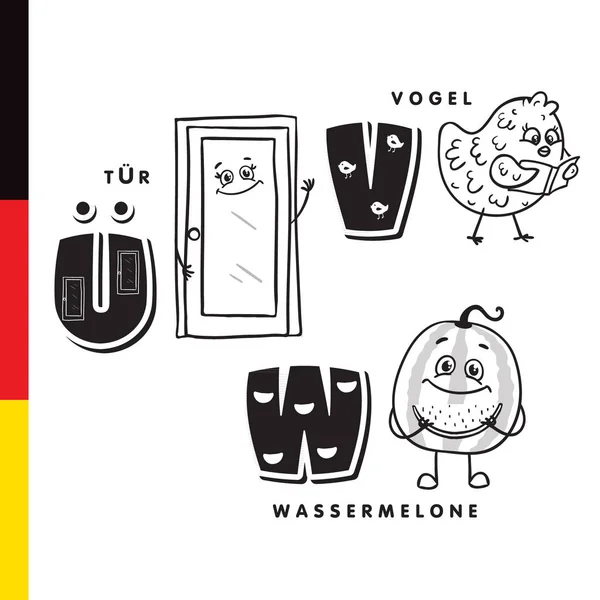 Alphabet allemand. Porte, oiseau, pastèque. Lettres et caractères vectoriels — Image vectorielle