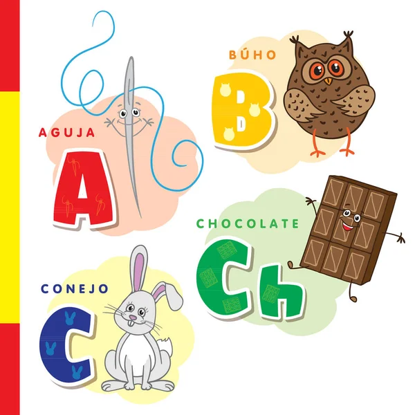 Alfabeto spagnolo. Ago, gufo, cioccolato, coniglio. Lettere e caratteri vettoriali . — Vettoriale Stock