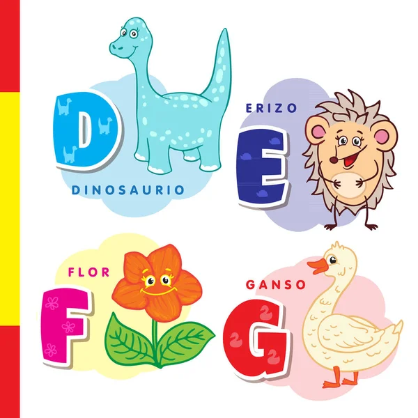 Spanish alphabet. Dinosaur, hedgehog, flower, goose. Vector letters and characters. — Stock Vector