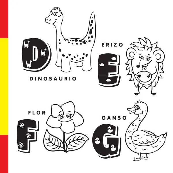 Španělská abeceda. Dinosaurus, Ježek, květina, Husa. Vektor písmena a znaky. — Stockový vektor