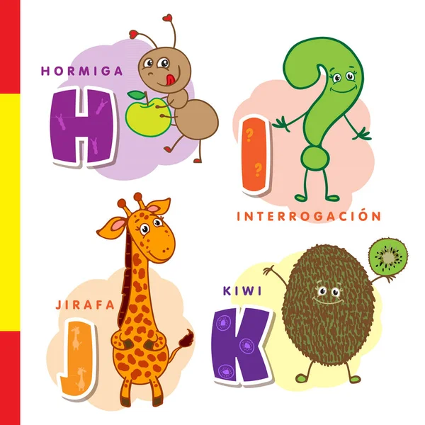 Spanska alfabetet. Ant, fråga, giraff, kiwi. Vector bokstäver och tecken. — Stock vektor