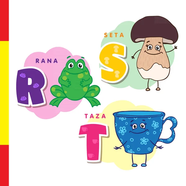 Alfabeto español. Rana, champiñón, taza. Letras y caracteres vectoriales . — Vector de stock