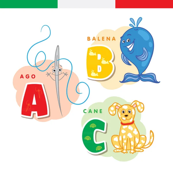 イタリア語のアルファベット。針、鯨、犬。ベクトル文字および文字. — ストックベクタ
