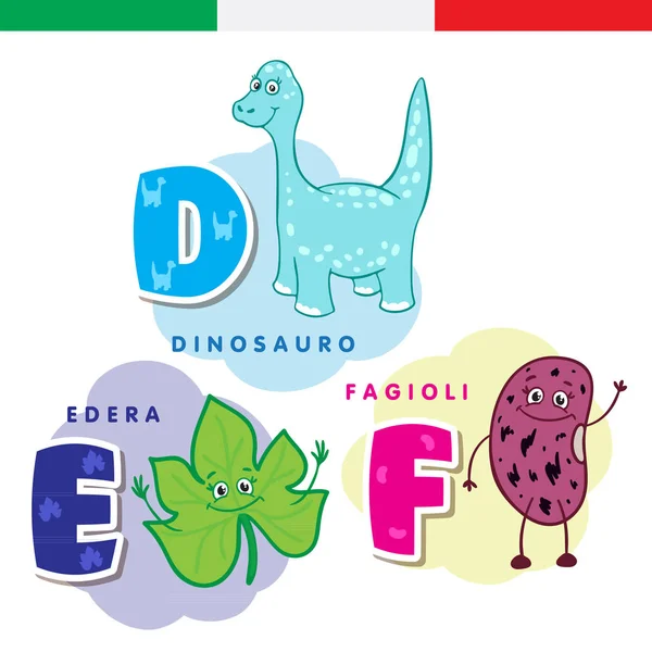 Olasz ábécé. Dinoszaurusz, borostyán, bab. Vektoros betűket és karaktereket. — Stock Vector