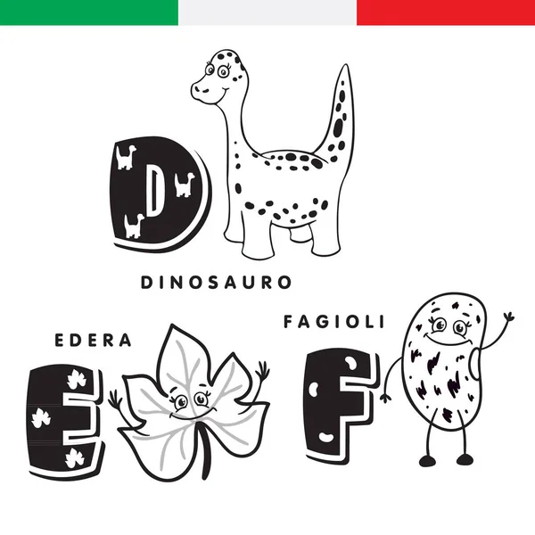 Ιταλική αλφάβητο. Δεινόσαυρος, κισσός, φασόλια. Διάνυσμα γράμματα και οι χαρακτήρες. — Διανυσματικό Αρχείο