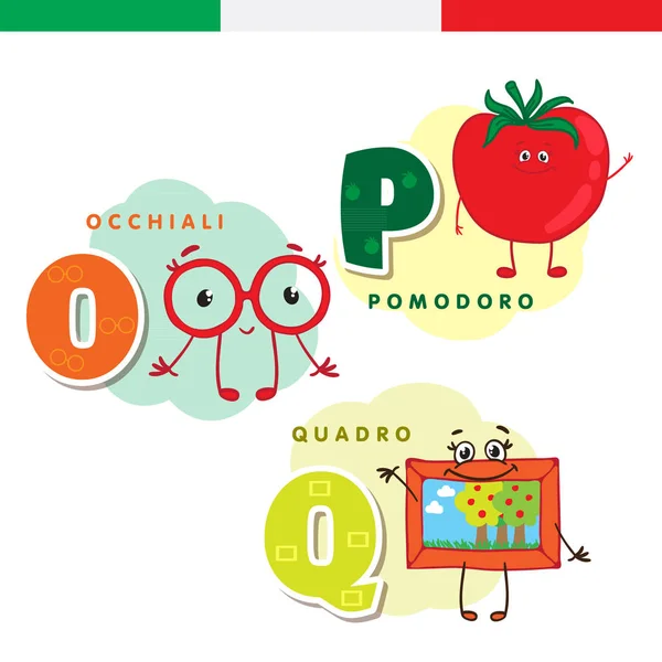Ιταλική αλφάβητο. Γυαλιά, ντομάτα, εικόνα. Διάνυσμα γράμματα και οι χαρακτήρες. — Διανυσματικό Αρχείο