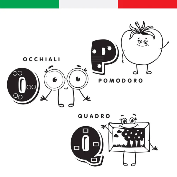 Italská abeceda. Brýle, rajče, obrázek. Vektor písmena a znaky. — Stockový vektor