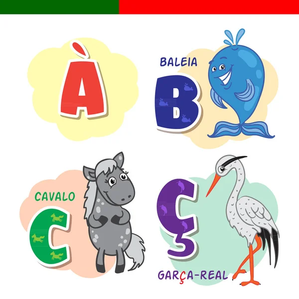 Portugalská abeceda. Koně, heron, velryba. Písmena a znaky. — Stockový vektor